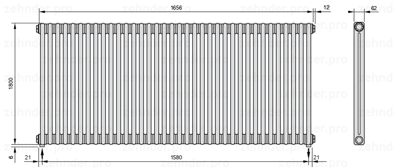 Схема (чертеж) Радиатор Zehnder Charleston 2180/36 №3570 Белый глянцевый RAL 9016